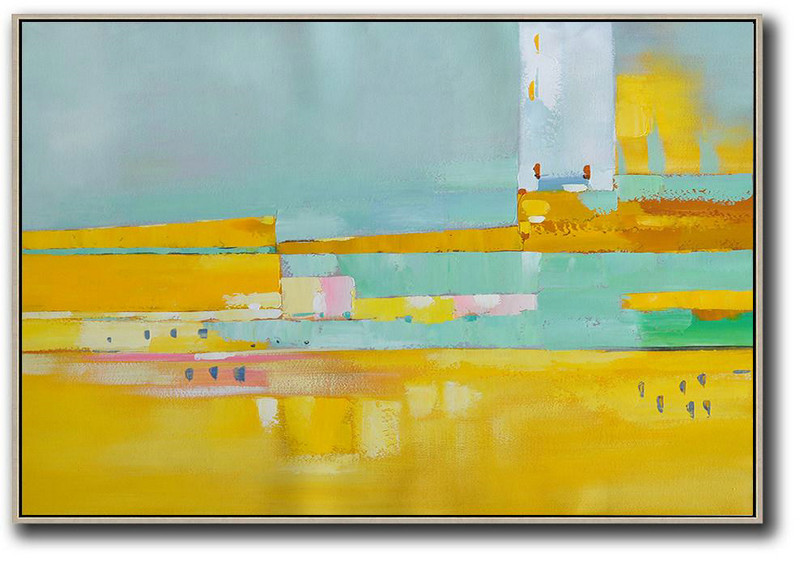 Size Extra Large Abstract Art,Oversized Horizontal Contemporary Art,Contemporary Abstract Painting Yellow,White,Light Green,Pink